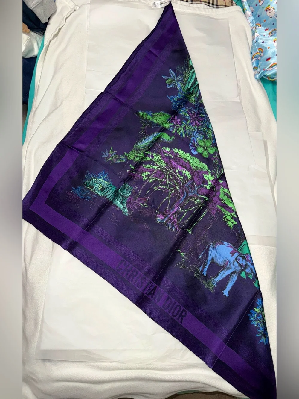 Christian Dior AUTHENTIC Toile de Jouy Voyage Jungle Animals Silk Scarf Purple